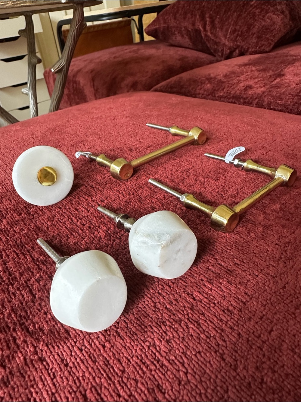 Anthropologie White Marble Drawer Knobs with Brass Pull Handles (5)